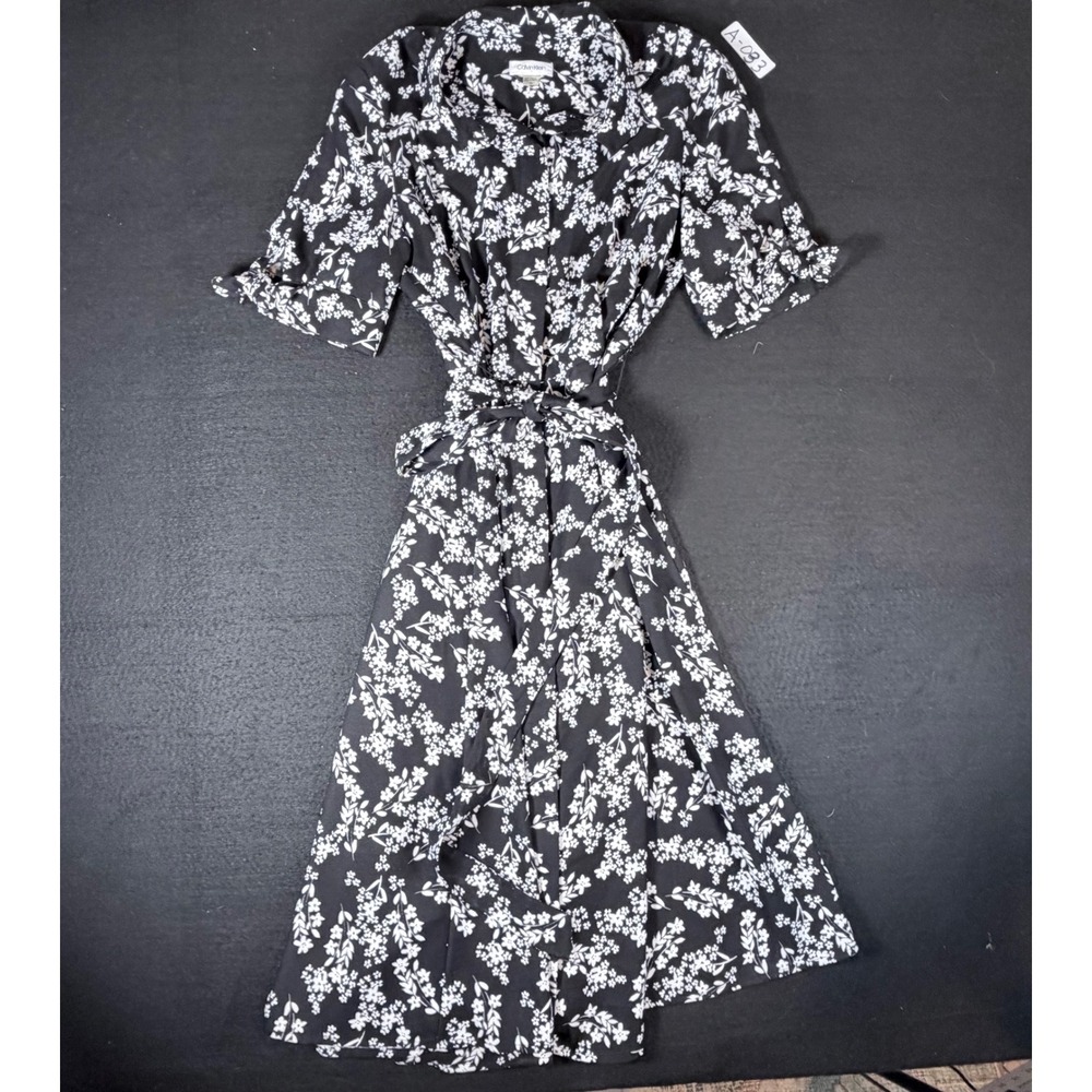Calvin Klein Women Black White Floral Button Front Tie Sleeve Midi Dress Size 10